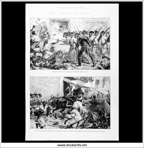 The Crisis In Egypt, The Military Clearing The Streets Of Alexandria, Sunday June 11. Antique Print, Wood Engraving, The Illustrated London News Full Page, July 1st, 1882.