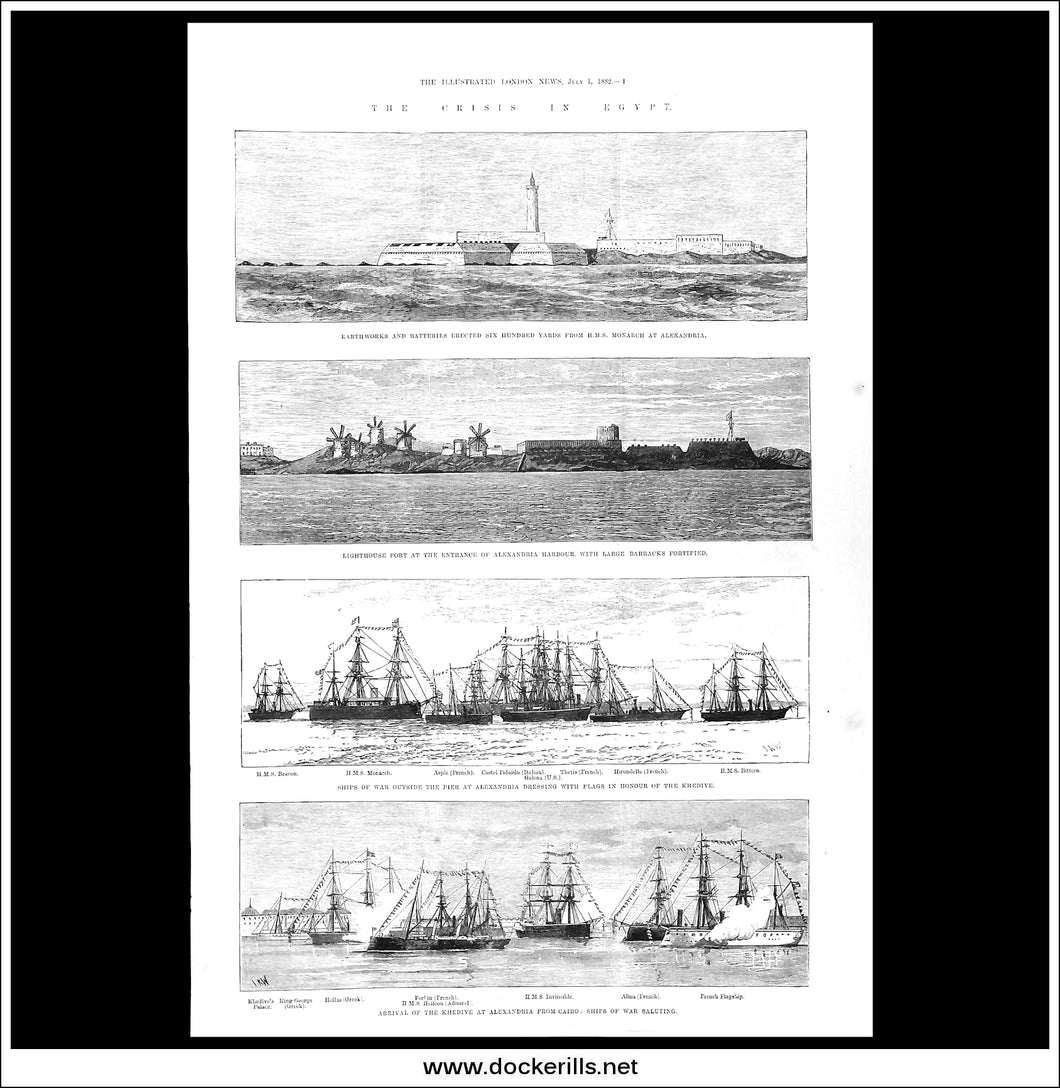 Crisis In Egypt, Views Of Alexandria. Antique Print, Wood Engraving, The Illustrated London News Full Page, July 1st, 1882.