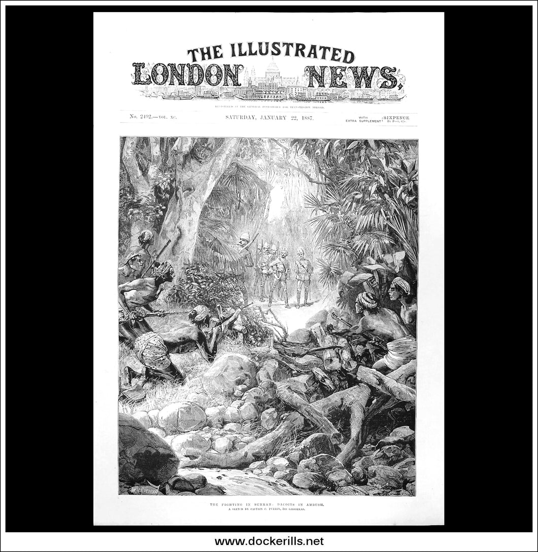 The Fighting In Burmah, Dacoits In Ambush. Antique Print, Wood Engraving, The Illustrated London News Full Page, January 22nd, 1887.