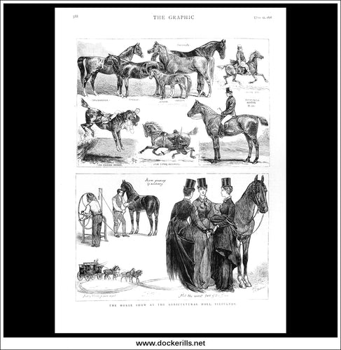 The Horse Show At The Agricultural Hall, Islington. Antique Print, Wood Engraving, The Graphic Full Page, June 17th, 1876.