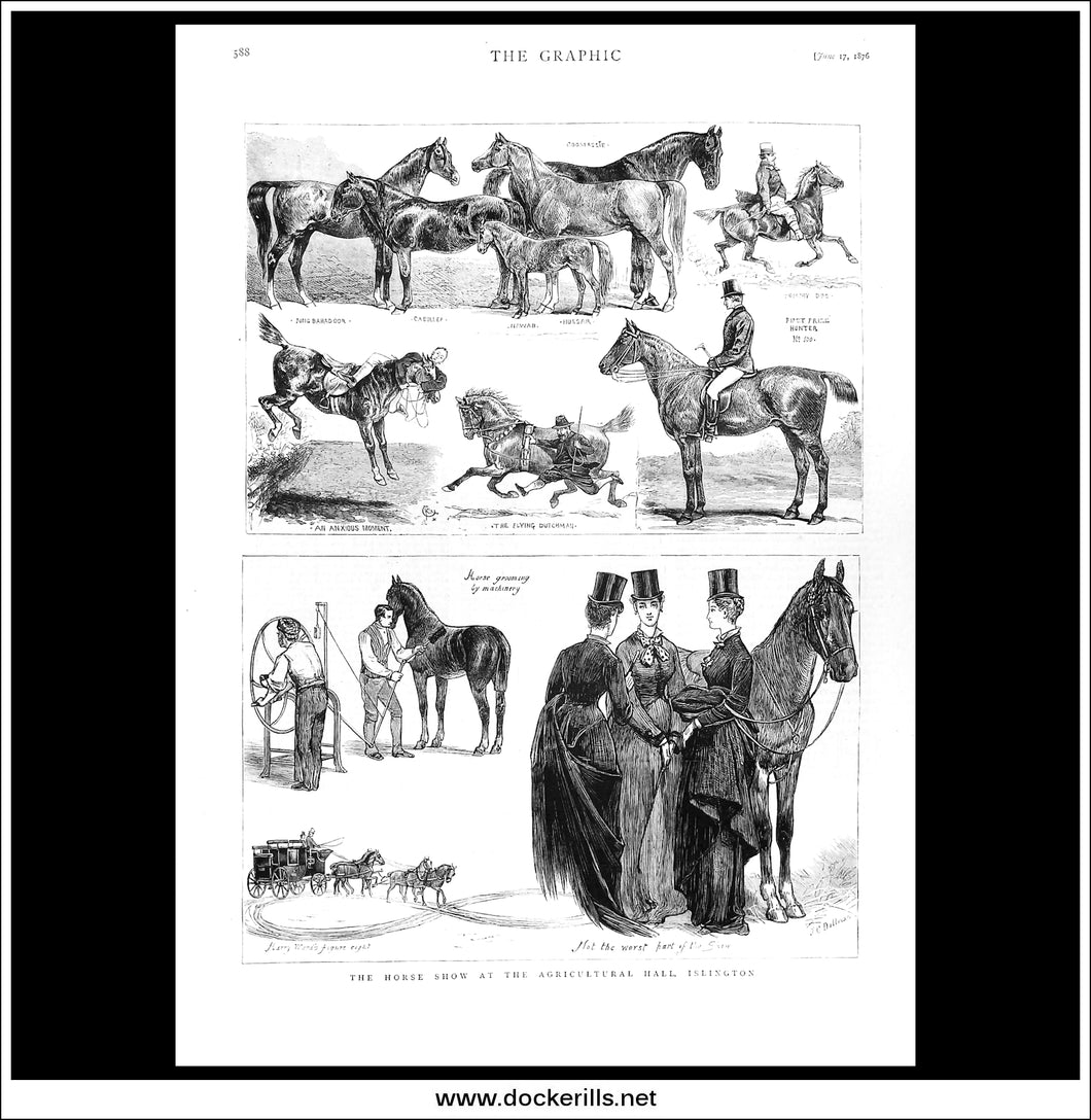 The Horse Show At The Agricultural Hall, Islington. Antique Print, Wood Engraving, The Graphic Full Page, June 17th, 1876.
