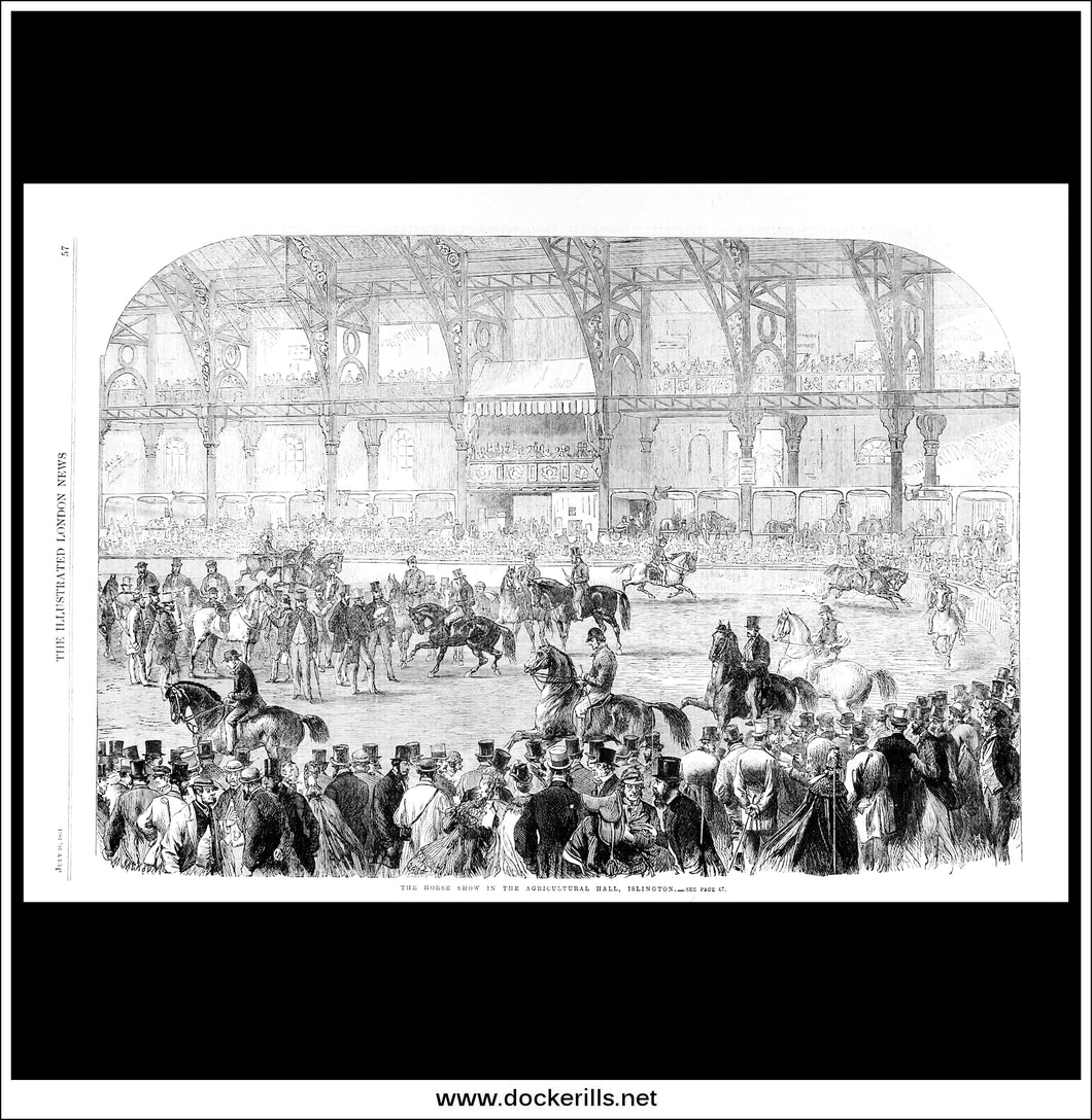 The Horse Show In The Agricultural Hall, Islington. Antique Print, Wood Engraving, The Illustrated London News Full Page, July 16th, 1864.