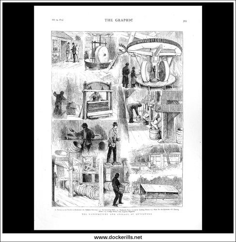 The Manufacture And Storage Of Gunpowder. Antique Print, Wood Engraving, The Graphic Full Page, October 24th, 1874.