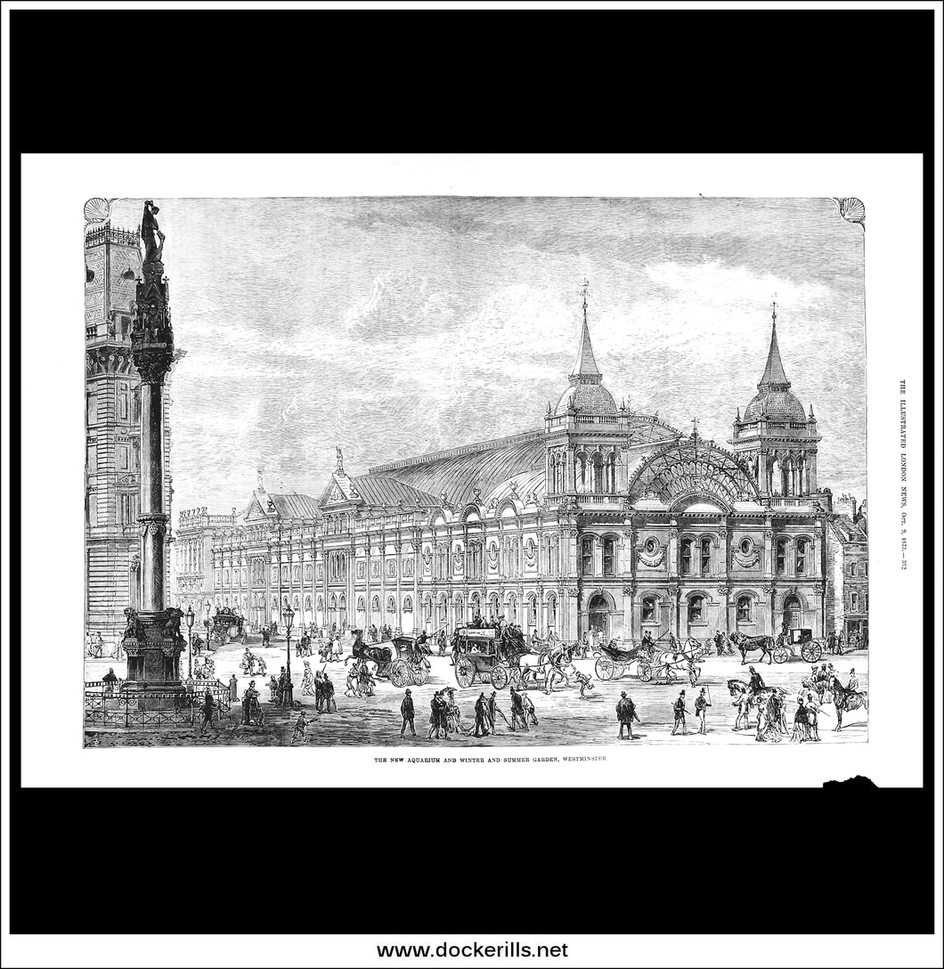 The New Aquarium And Winter And Summer Garden, Westminster. Antique Print, Wood Engraving, Illustrated London News Full Page, October 9th, 1875.