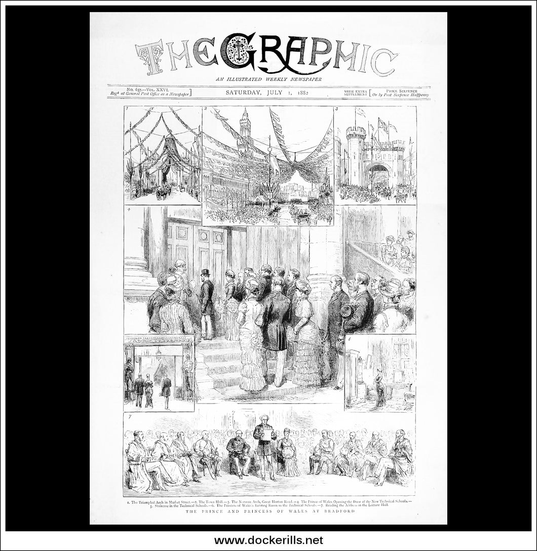 The Prince And Princess Of Wales At Bradford. Antique Print, Wood Engraving, The Graphic Front Page, July 1st, 1882.