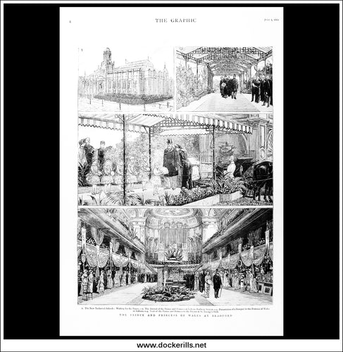 The Prince And Princess Of Wales At Bradford. Antique Print, Wood Engraving, The Graphic Full Page, July 1st, 1882.