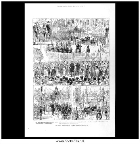The Prince And Princess Of Wales At Bradford. Antique Print, Wood Engraving, The Illustrated London News Full Page, July 1st, 1882.
