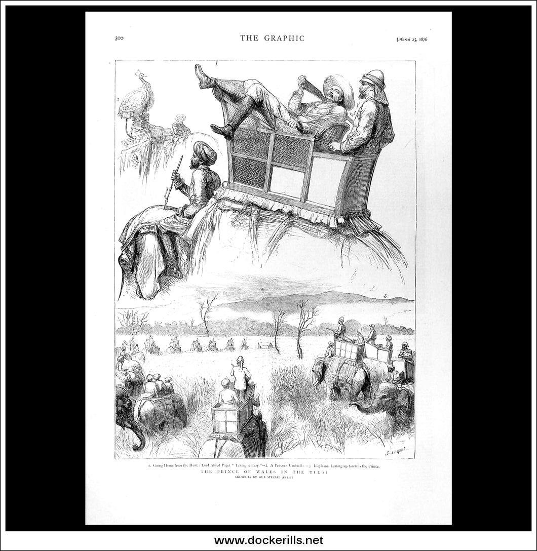 The Prince Of Wales In The Terai. Antique Print, Wood Engraving, The Graphic Full Page, March 25th, 1876.
