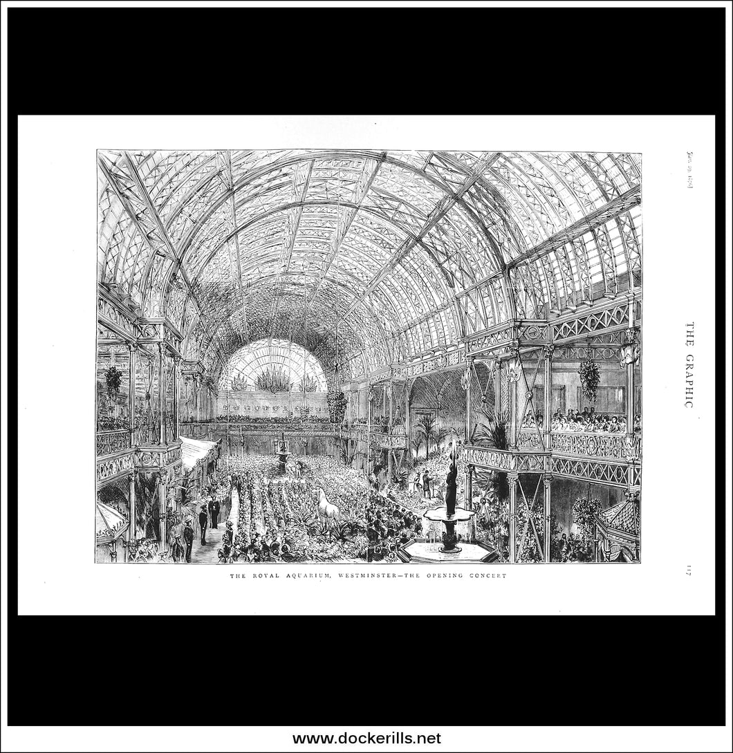 The Royal Aquarium, Westminster, The Opening Concert. Antique Print, Wood Engraving, The Graphic Full Page, January 29th, 1876.