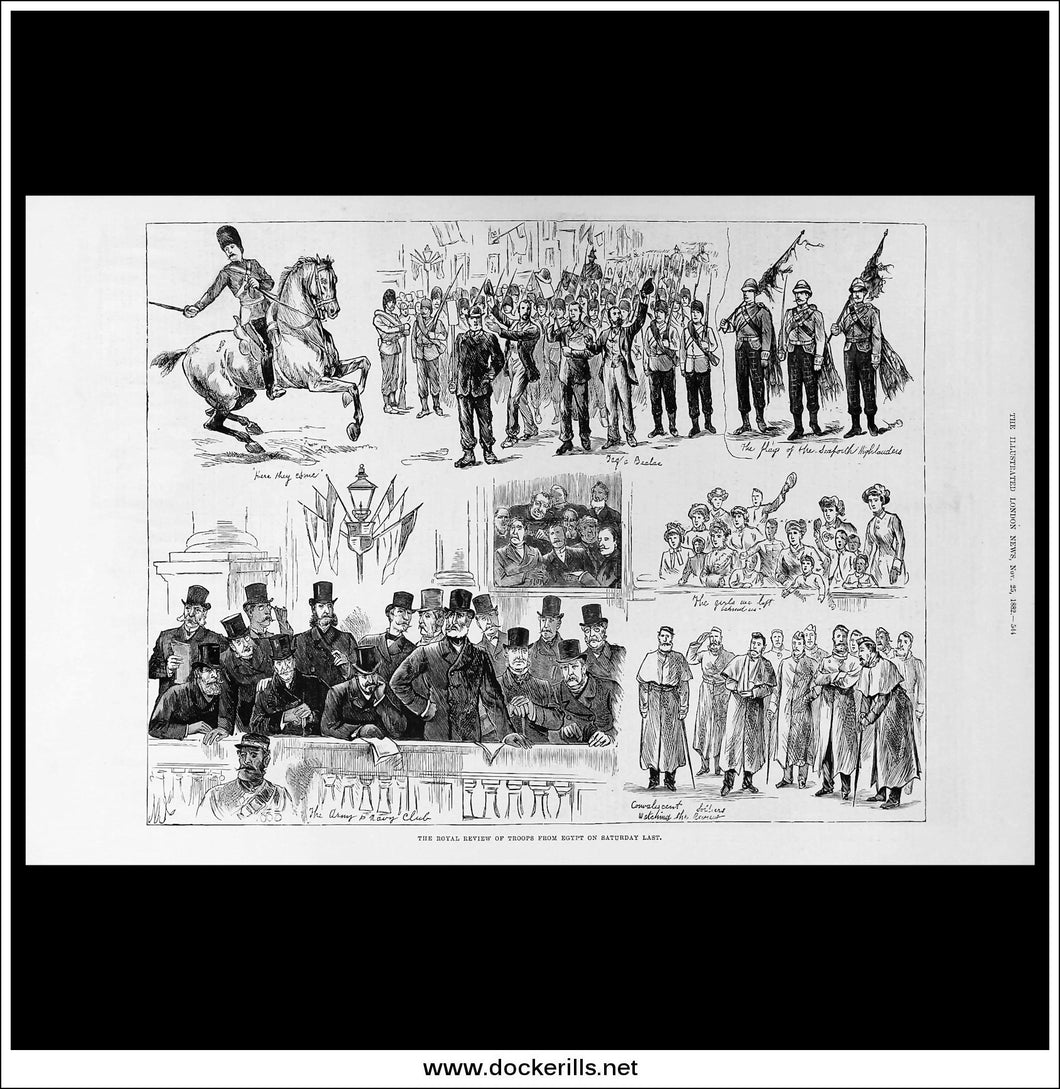 The Royal Review Of Troops From Egypt On Saturday Last. Antique Print, Wood Engraving, The Illustrated London News Full Page, November 25th, 1882.