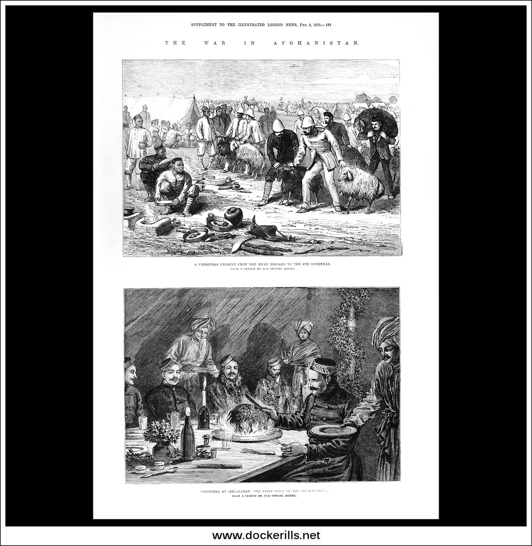 The War In Afghanistan, A Christmas Present From The Rifle Brigade To The 4th Goorkhas. Antique Print, Wood Engraving, The Illustrated London News Full Page, February 8th, 1879.