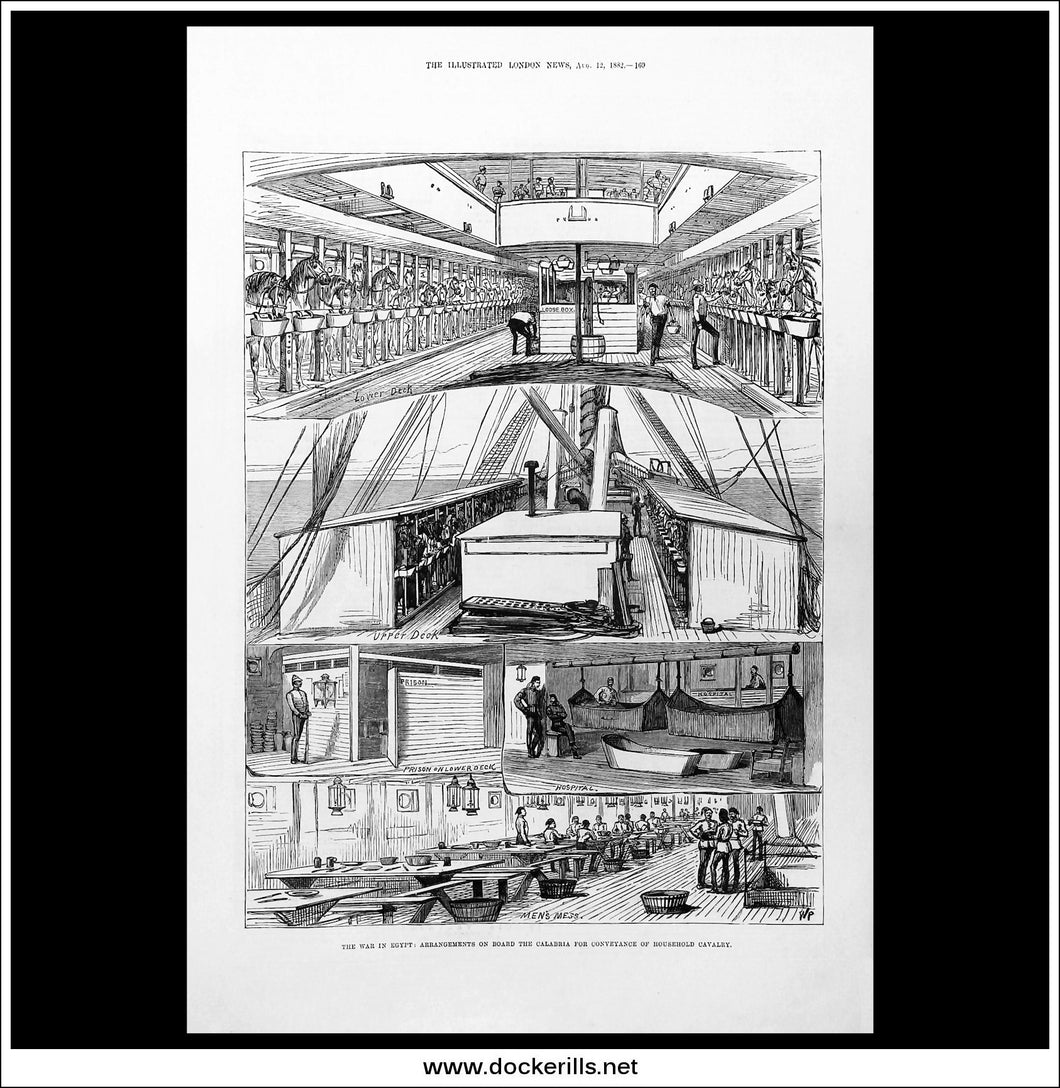 The War In Egypt: Arrangements On Board The Calabria For Conveyance Of Household Cavalry. Antique Print, Wood Engraving, The Illustrated London News Full Page, August 12th, 1882.