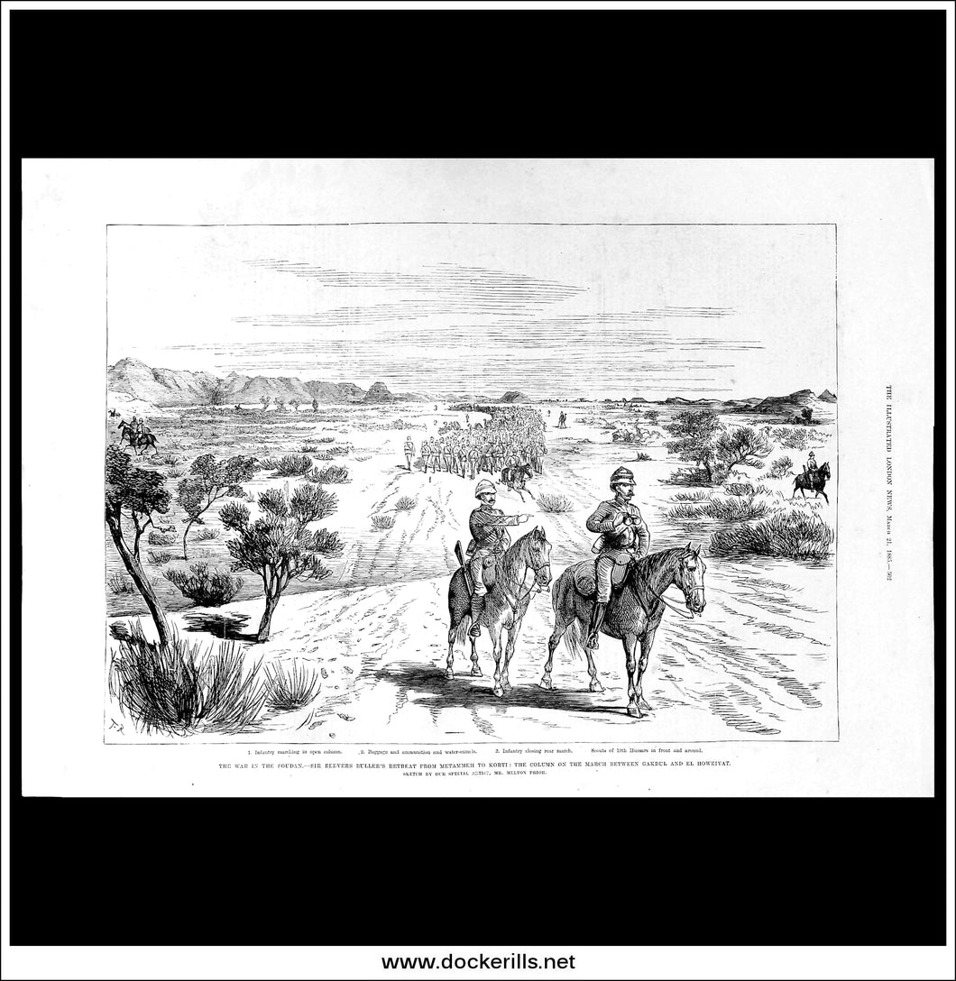 The War In Soudan, Sir Reevers Buller's Retreat From Metammeh To Korti. Antique Print, Wood Engraving, The Illustrated London News Full Page, March 21st, 1885.