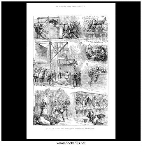 The Zulu War: Sketches At The Victoria Docks On The Departure Of The 17th Lancers. Antique Print, Wood Engraving, The London Illustrated News Full Page, March 8th, 1879.