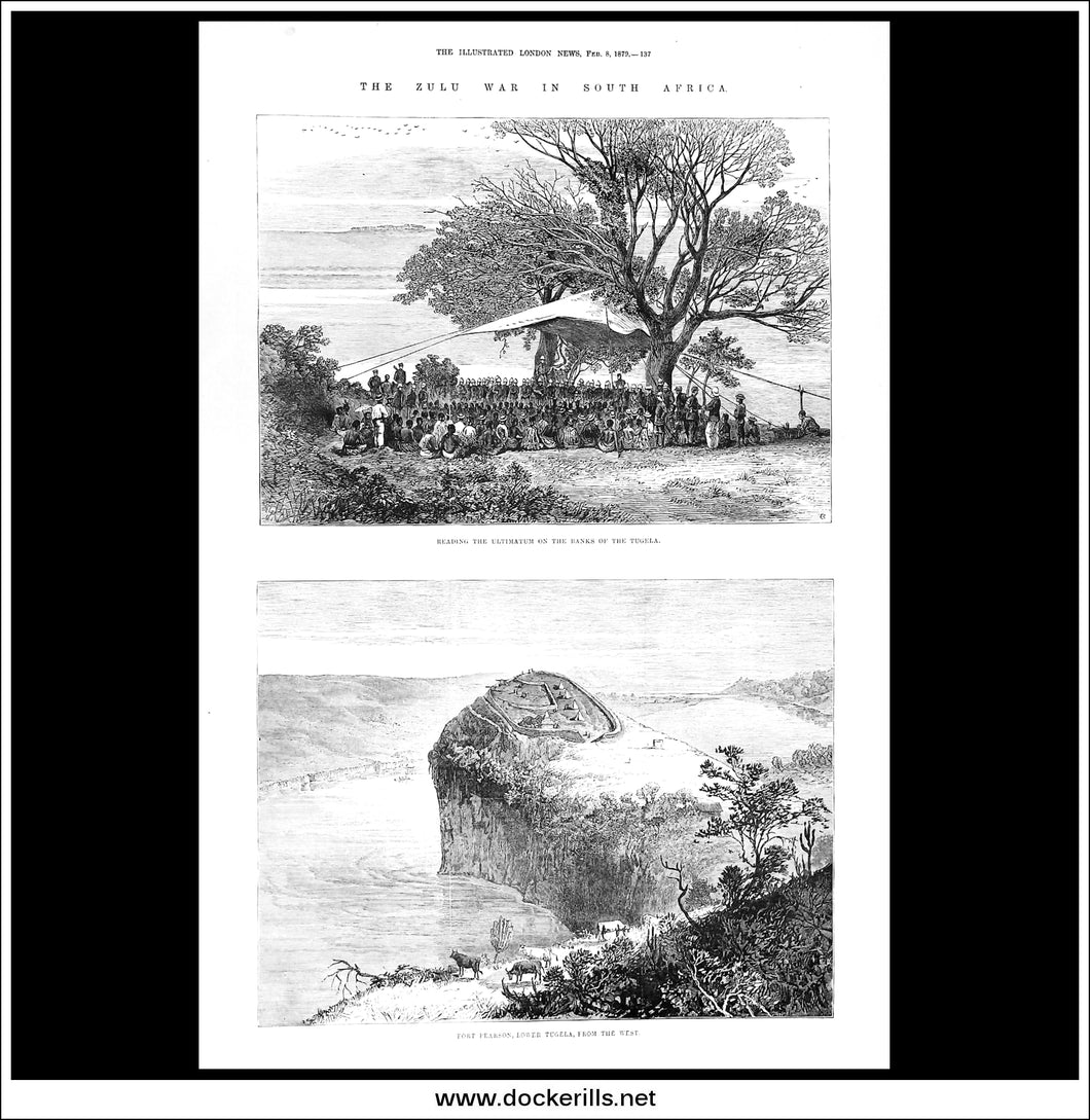 The Zulu War In South Africa. Reading The Ultimatum On The Banks Of The Tugela. Antique Print, Wood Engraving, The London Illustrated News Full Page, February 8th, 1879.