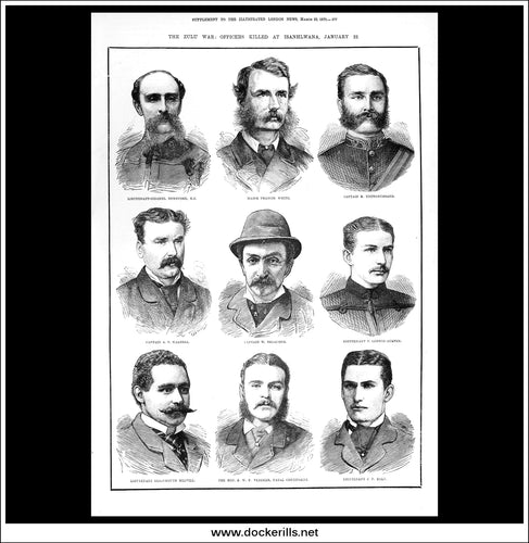 The Zulu War: Officers Killed At Isanhlwana. Antique Print, Wood Engraving, The London Illustrated News Full Page, January 22nd, 1879.