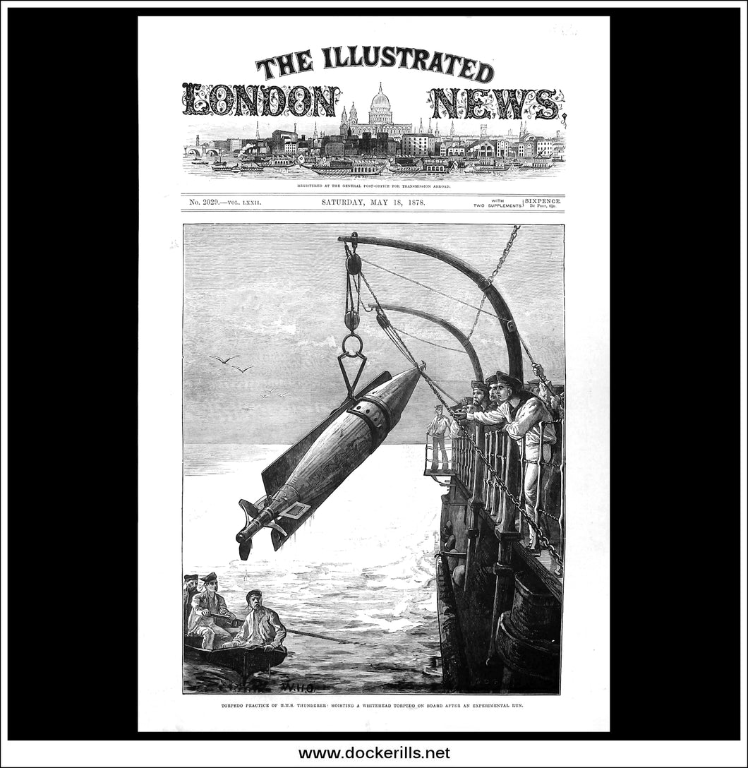 Torpedo Practise Of HMS Thunderer. Antique Print, Wood Engraving, The Illustrated London News Full Page, May 18th, 1878.