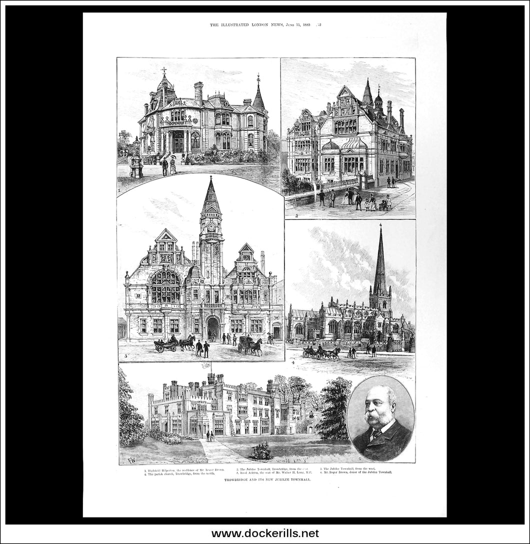 Trowbridge And It's New Jubilee Townhall. Antique Print, Wood Engraving, The Illustrated London News Full Page, June 15th, 1889.