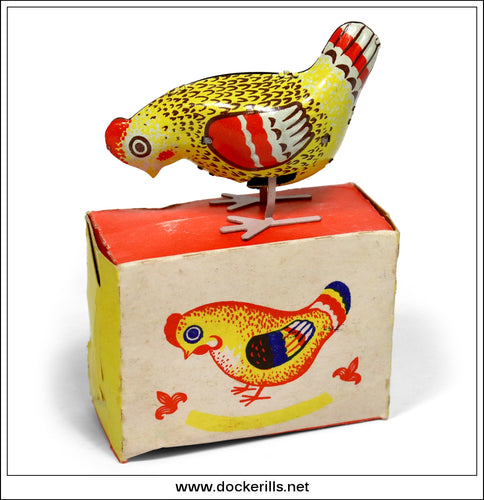 Pecking Hen, Vintage Tin Plate Clockwork Novelty Toy, Russia. Boxed.