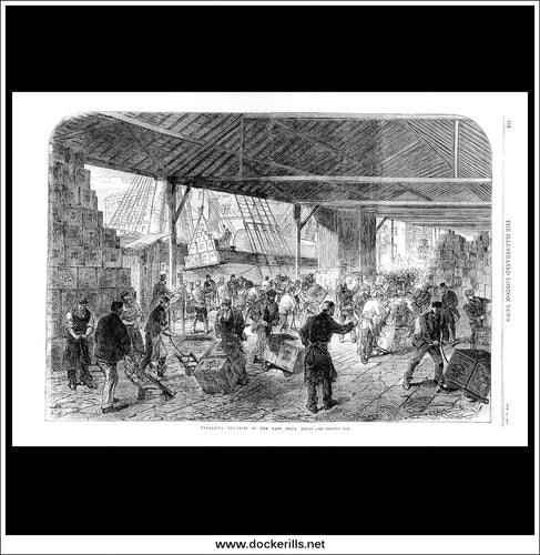 Unloading Tea-Ships In The East India Docks. Antique Print, Wood Engraving, The Illustrated London News Full Page, October 26th, 1867.