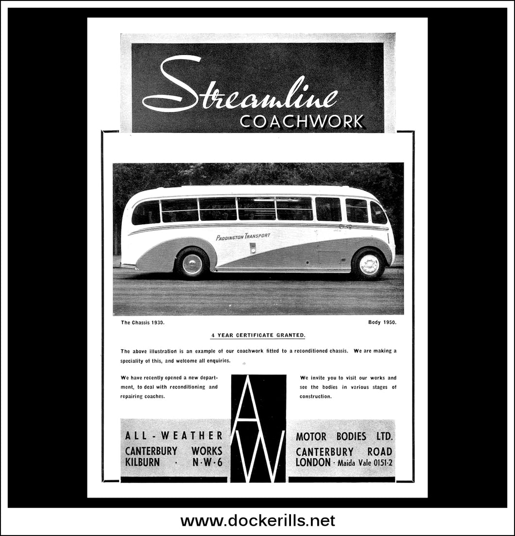 AW / All Weather Streamline Coach. Original Vintage Advert From August, 1950. Paddington Transport.