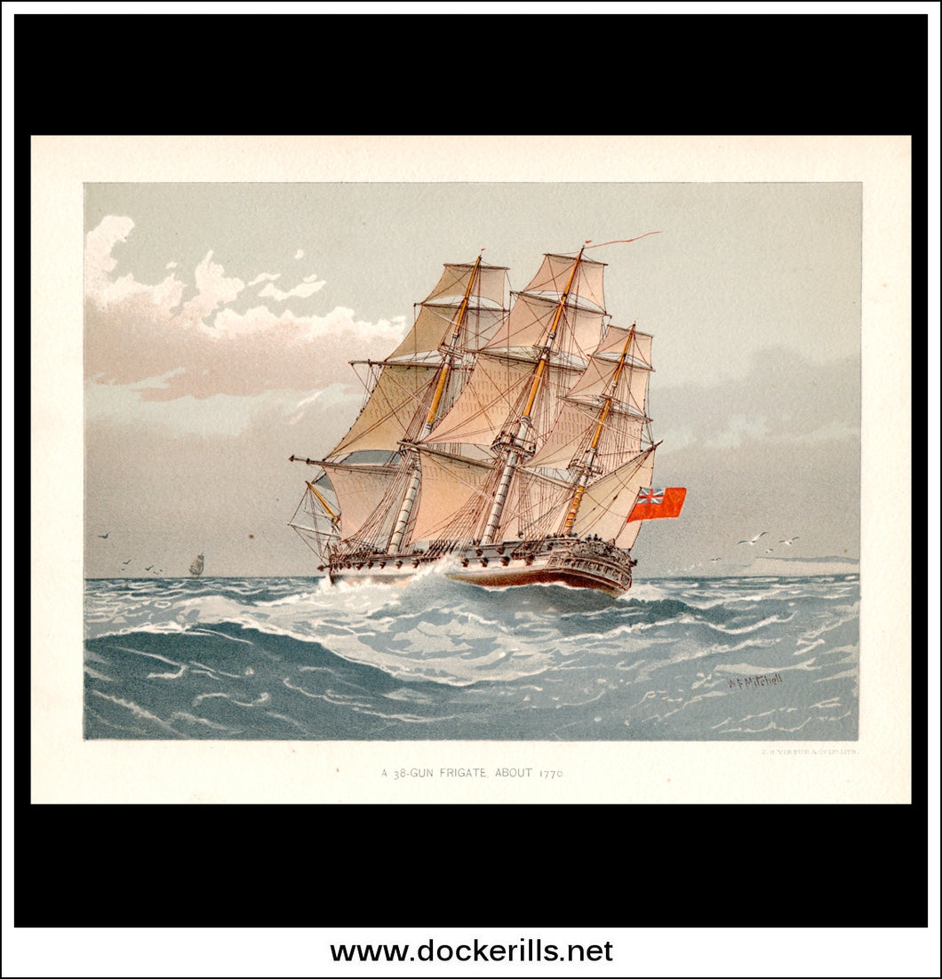 A 38-Gun Frigate About 1770, Her Majesty's Navy. Antique Print c. 1870.