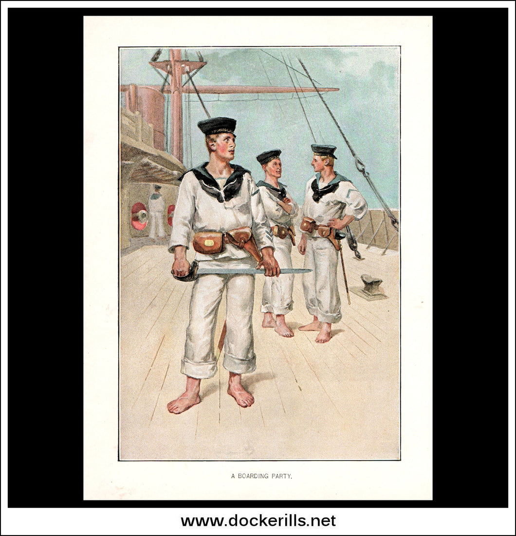 A Boarding Party, Her Majesty's Navy. Antique Print c. 1890.