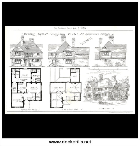 A Gardeners Cottage - The Building News. Antique Print, Lithograph 1883.