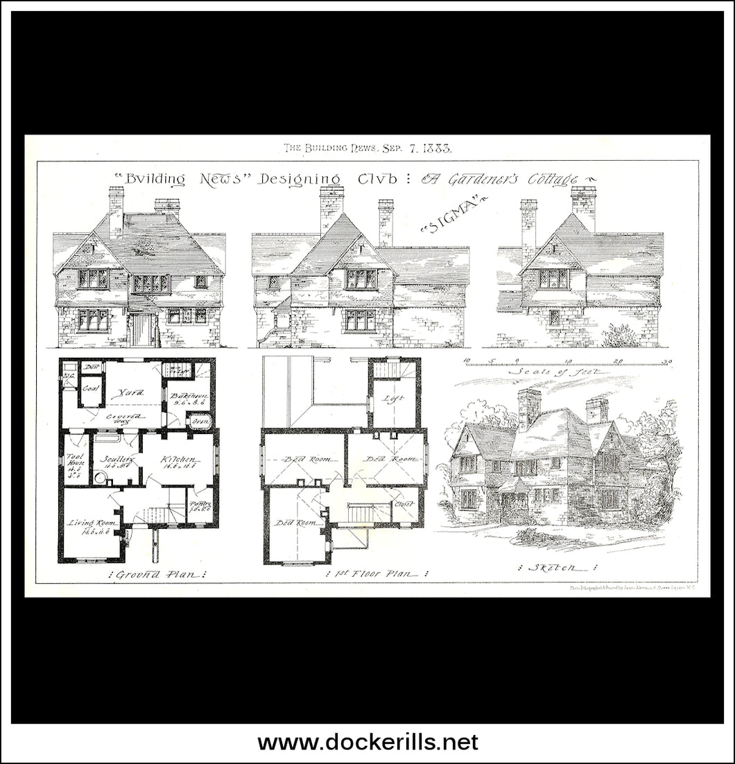 A Gardeners Cottage - The Building News. Antique Print, Lithograph 1883.