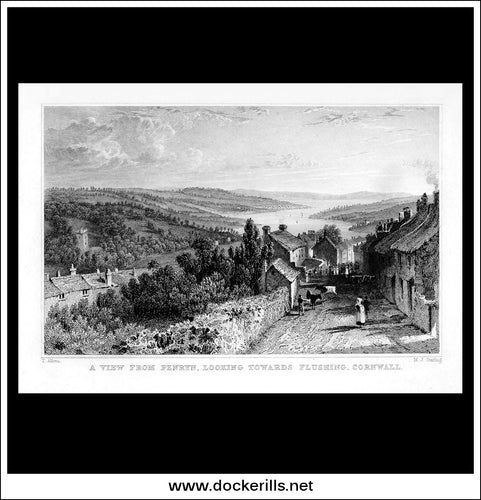 A View From Penryn, Looking Towards Flushing, Cornwall, England. Antique Print, Steel Engraving c. 1830.