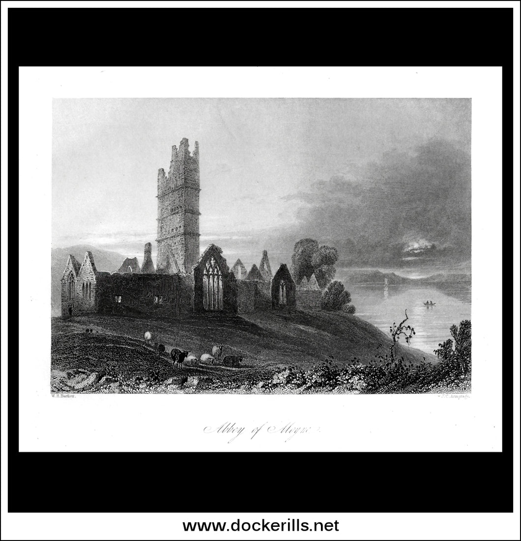 Abbey Of Moyne, Co. Mayo, Ireland. Antique Print, Steel Engraving c. 1840.