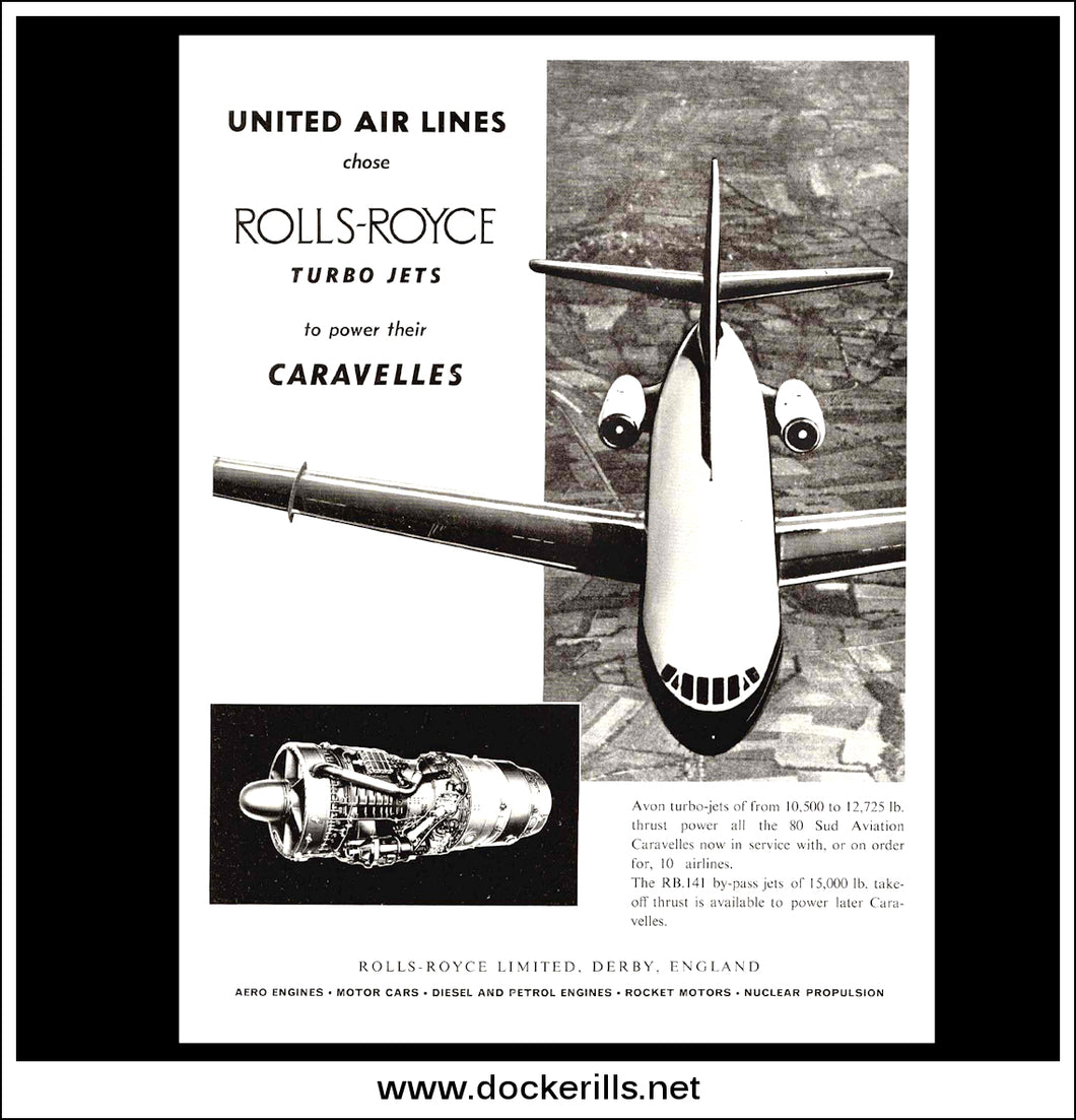 Rolls-Royce Turbo Jets / United Airlines Caravelle. Original Vintage Advert From 1960.