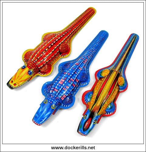 Vintage Tin Plate Croccodile Clickers Aigami Japan