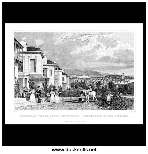 Albermarle Villas, Stoke, Devonshire - Stonehouse In The Distance, England. Antique Print, Steel Engraving 1832.