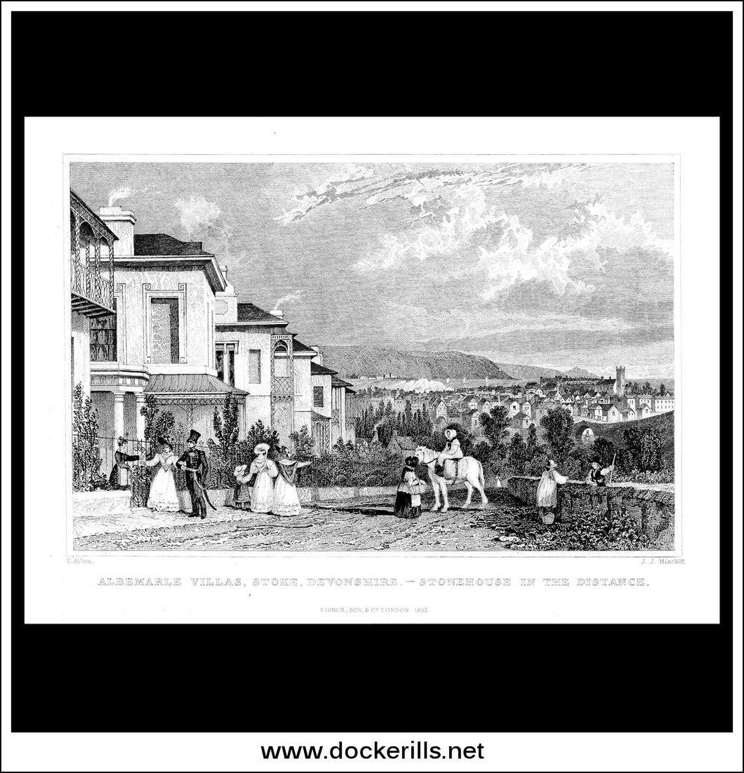 Albermarle Villas, Stoke, Devonshire - Stonehouse In The Distance, England. Antique Print, Steel Engraving 1832.