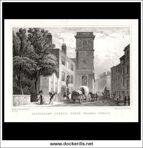 Allhallows Church, Upper Thames Street, London, Middlesex. Antique Print, Steel Engraving 1830.
