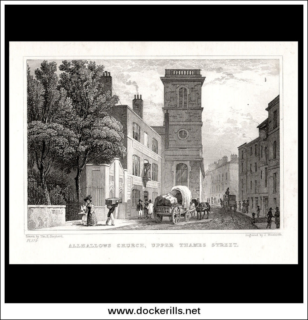 Allhallows Church, Upper Thames Street, London, Middlesex. Antique Print, Steel Engraving 1830.