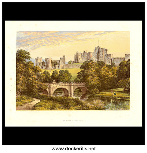 Alnwick Castle, Alnwick, Northumberland, England. Antique Print, Chromoxylograph 1880.