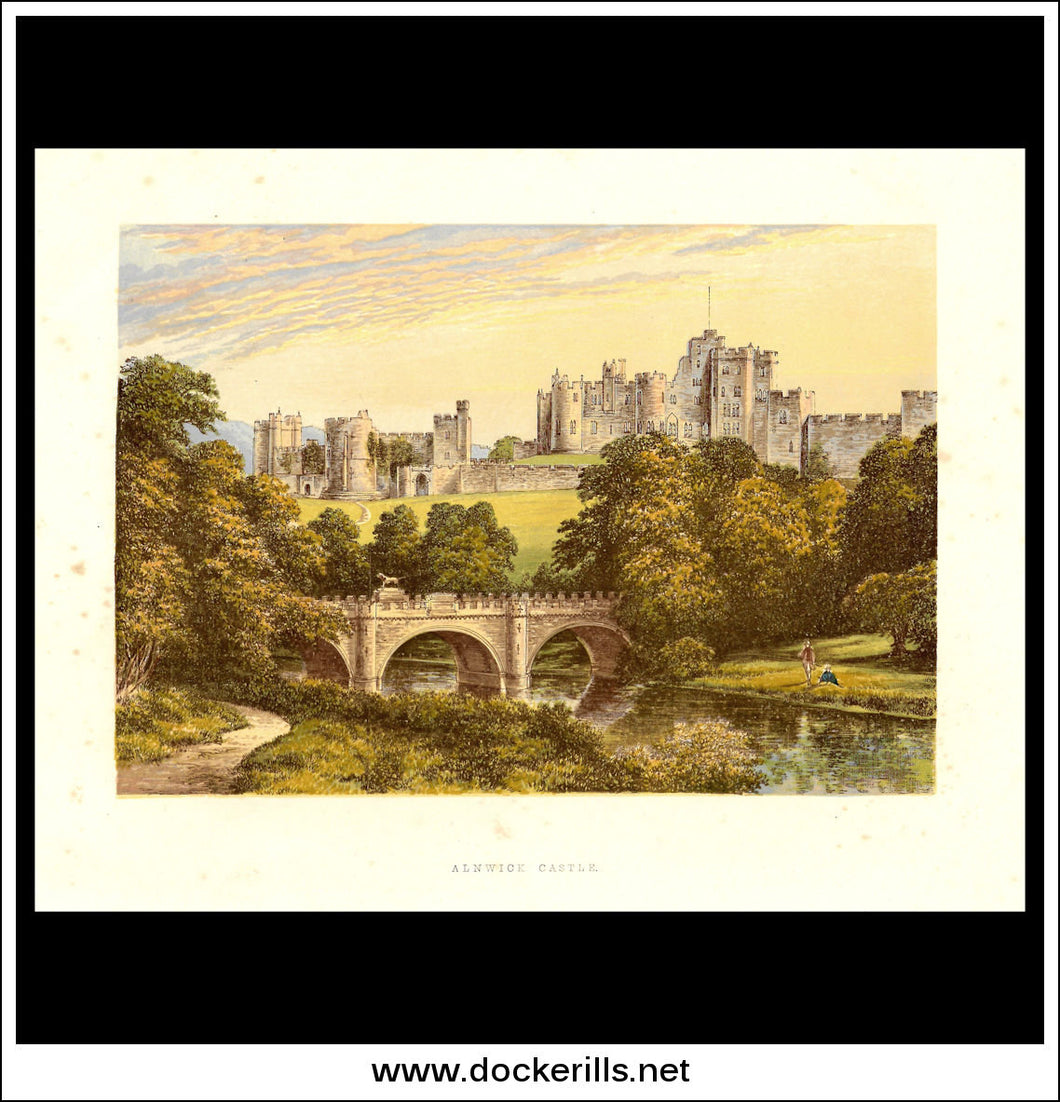Alnwick Castle, Alnwick, Northumberland, England. Antique Print, Chromoxylograph 1880.