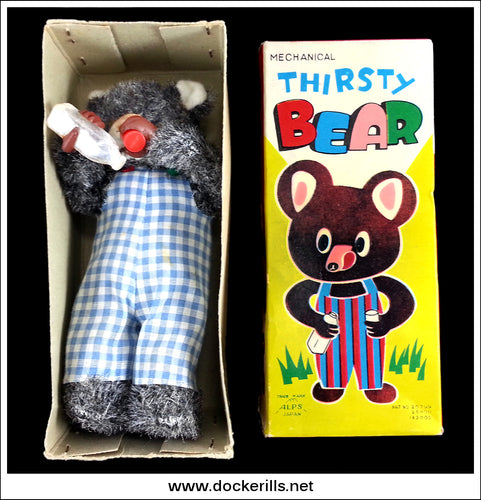 Thirsty Bear. Vintage Tin Plate Clockwork Novelty Toy, Alps, Japan 1.