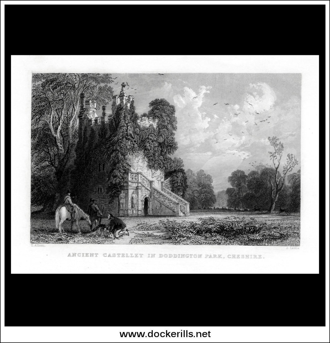 Ancient Castellet In Doddington Park, Cheshire, England. Antique Print, Steel Engraving c. 1830.