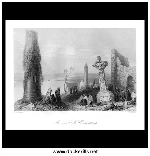 Ancient Cross Clonmacnoise, Co. Offaly, Ireland. Antique Print, Steel Engraving c. 1840.