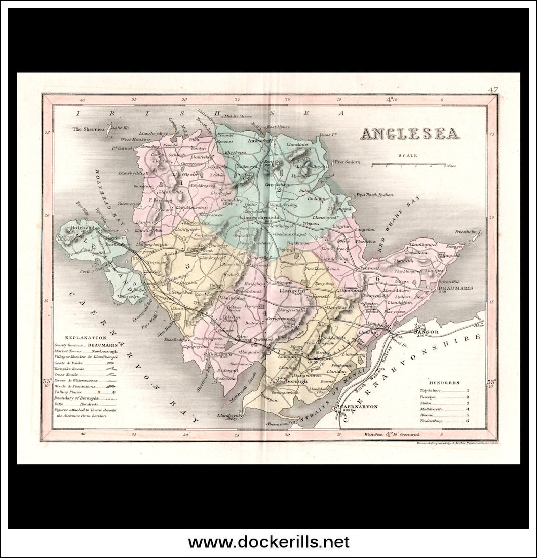 Map Of Anglesea, Wales. Antique Print, Steel Engraving c. 1846.