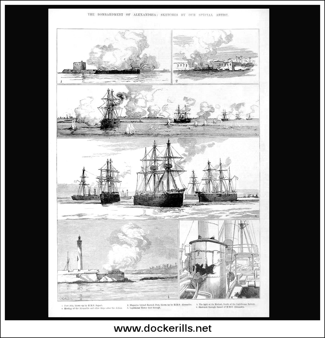 The Bombardment Of Alexandria: Sketches By Our Special Artist. Antique Print, Wood Engraving, The Illustrated London News Full Page, July 29th, 1882.