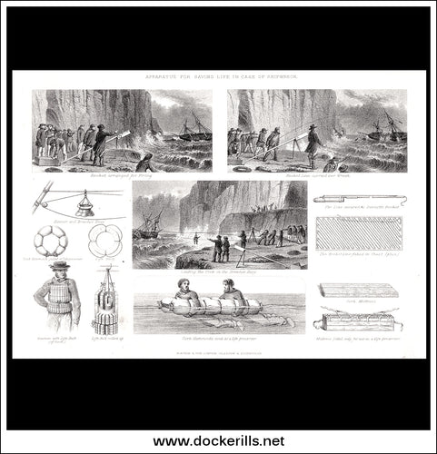 Apparatus For Saving Life In Case Of Shipwreck. Antique Print, Lithograph c. 1880.