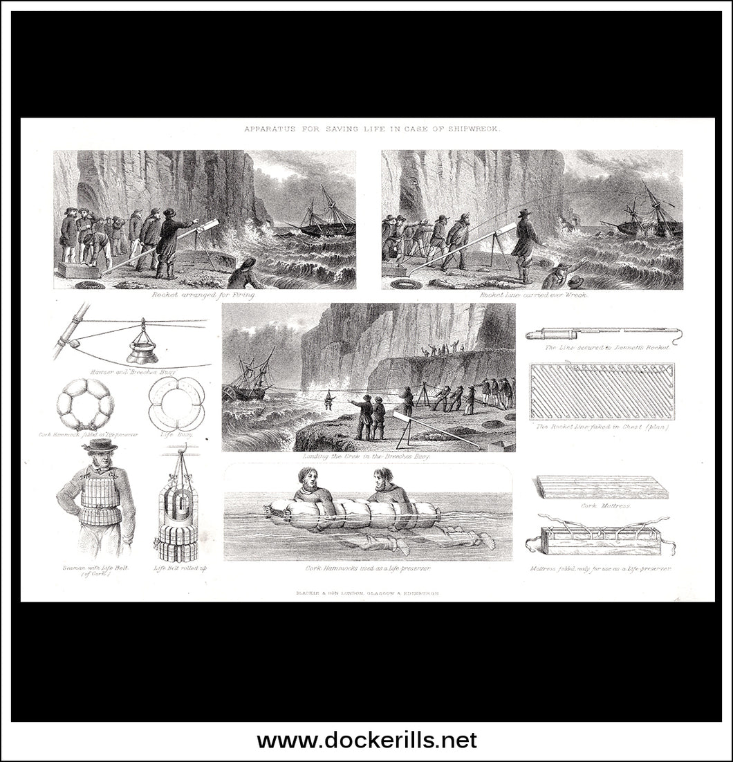 Apparatus For Saving Life In Case Of Shipwreck. Antique Print, Lithograph c. 1880.