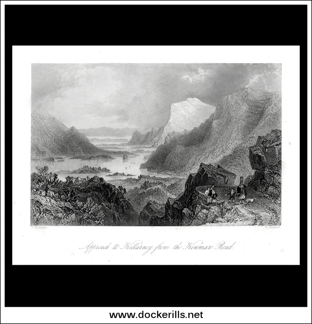 Approach To Killarney From The Kenmare Road, Co. Kerry, Ireland. Antique Print, Steel Engraving c. 1840.