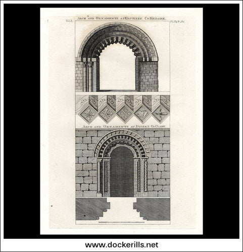 Arches & Ornaments - Kilcullen, Co. Kildare & Disert, Co. Clare. Antique Print, Copper Plate Engraving c. 1775.