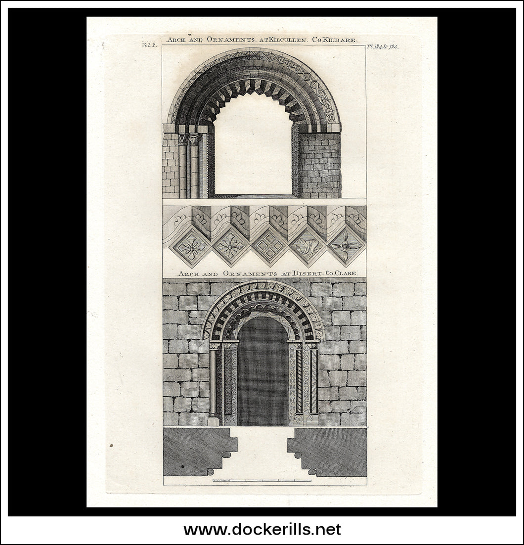 Arches & Ornaments - Kilcullen, Co. Kildare & Disert, Co. Clare. Antique Print, Copper Plate Engraving c. 1775.