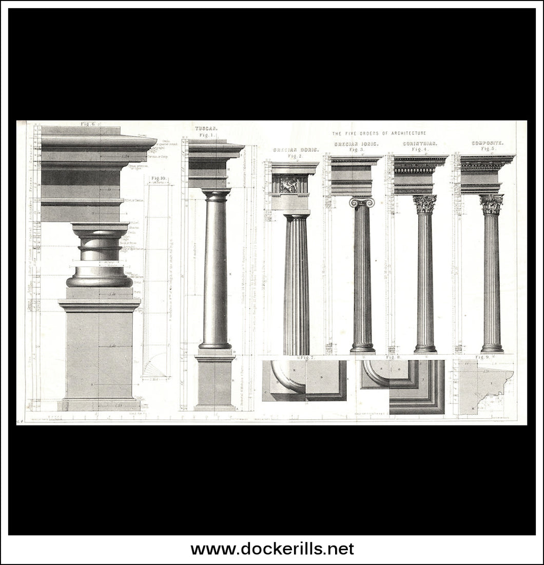 Types Of Column - Five Orders Of Architecture. Antique Print, Lithograph c. 1880 1.